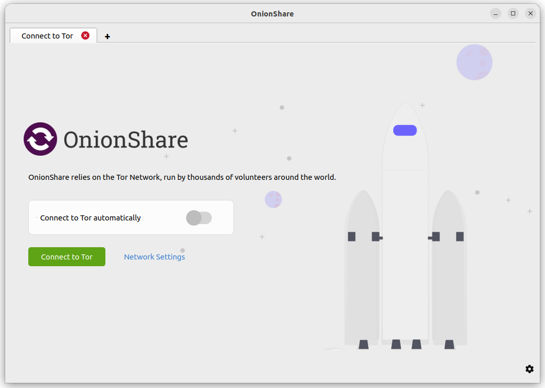 Willkommen-Bildschirm beim Start von OnionShare