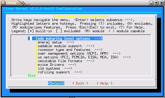 Ansicht des Menus von make menuconfig